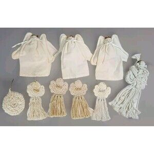 Vtg Angel Christmas Tree Ornaments Handmade Crochet Macrame Country Farmhouse